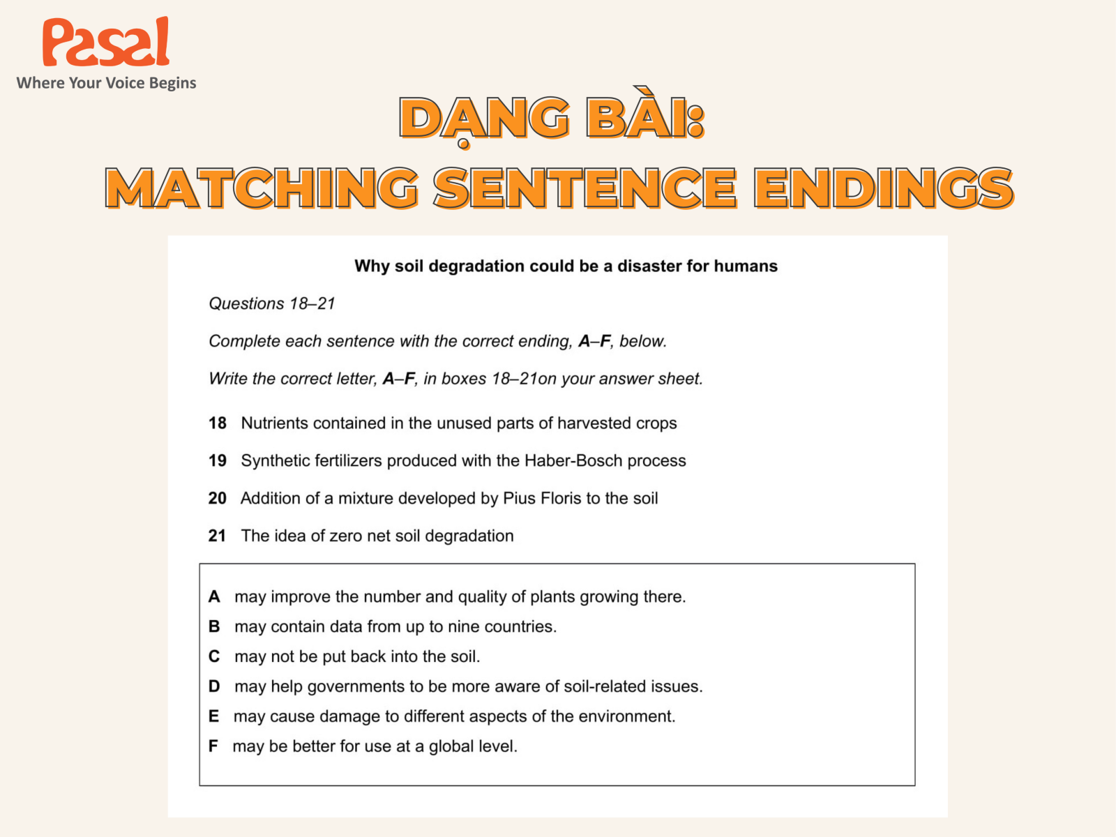 Format dạng bài Matching Sentence IELTS Reading