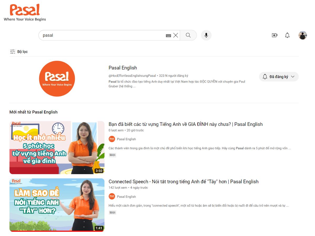 Kênh Youtube chính thức của Pasal với nhiều video bài giảng theo đa dạng chủ đề trong tiếng Anh