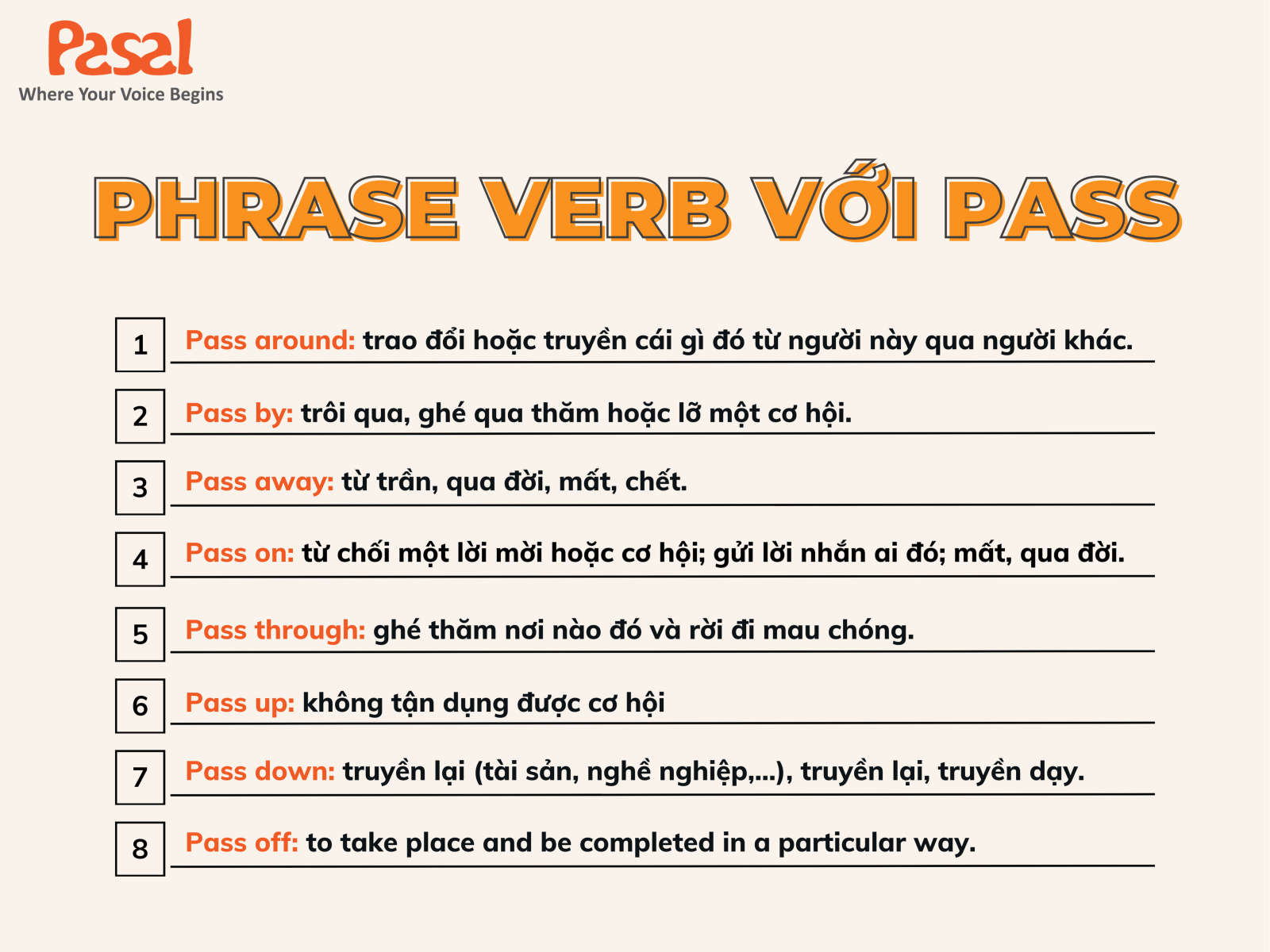 Một số phrasal verb với pass